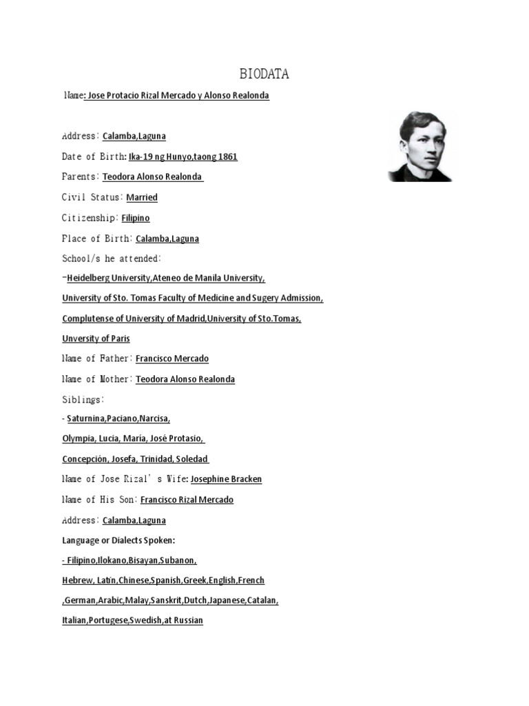 BIODATA of Jose Rizal PDF