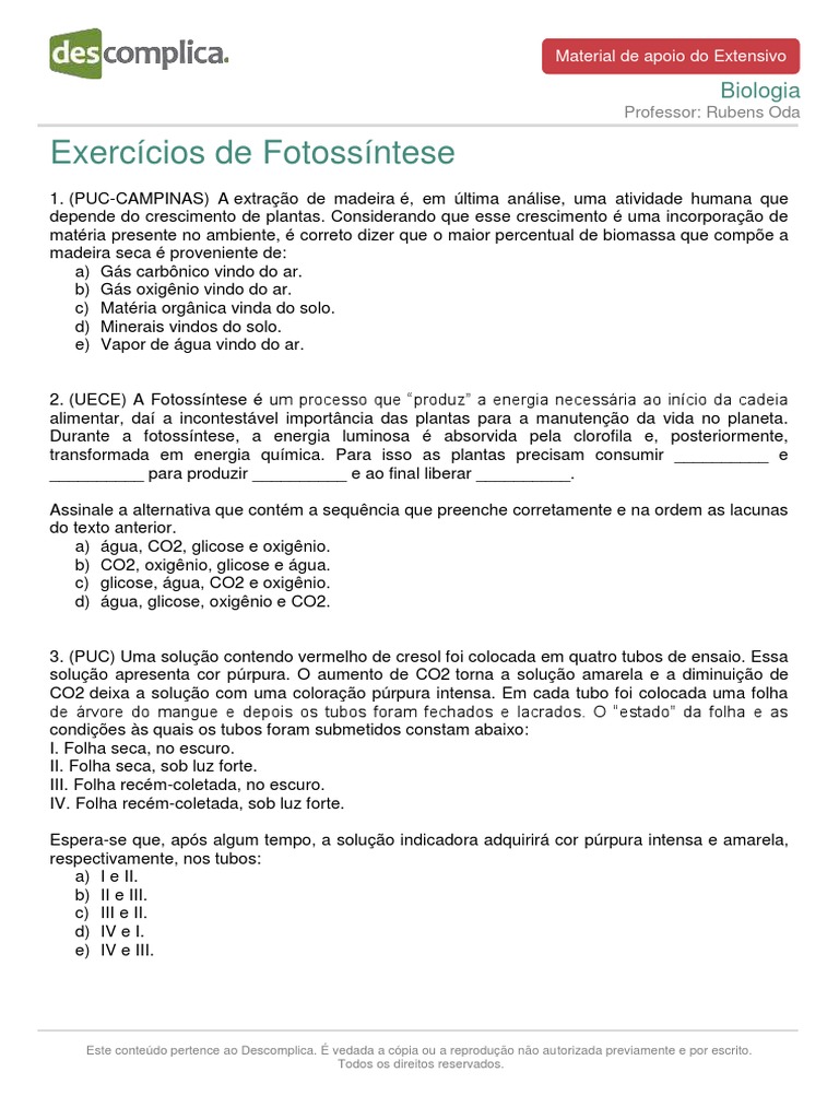 Materialdeapoioextensivo Biologia Exercicios Fotossintese | PDF ...