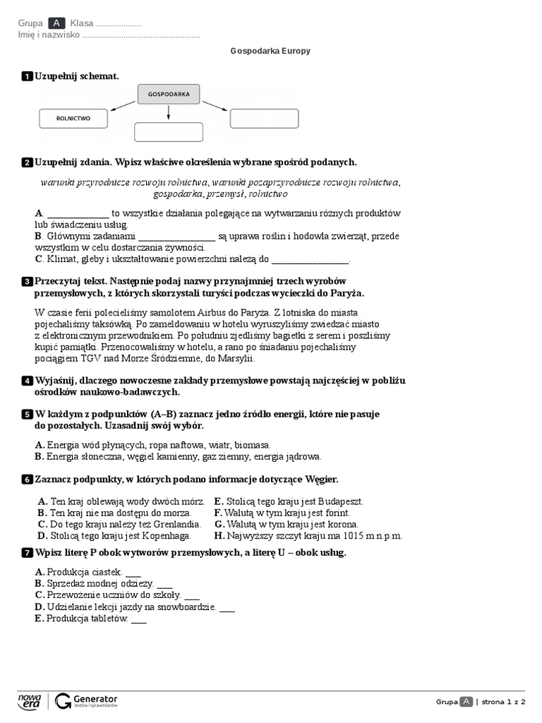 Sprawdzian Gospodarka Europy PDF
