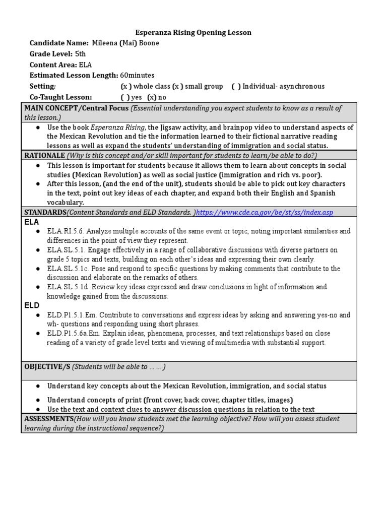 Esperanza Rising LP For Observation Boone | PDF | Question | Teachers
