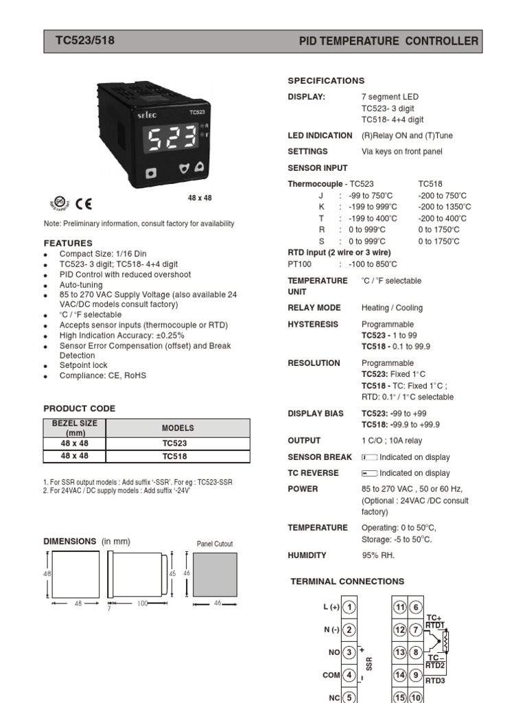Digital Temperature PID Controller Selectron TC518 TC523 Datasheet