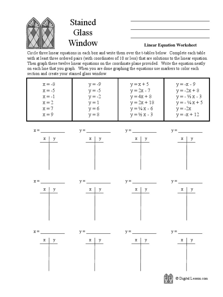 Stained Glass Window Linear Equation Worksheet PDF Equations