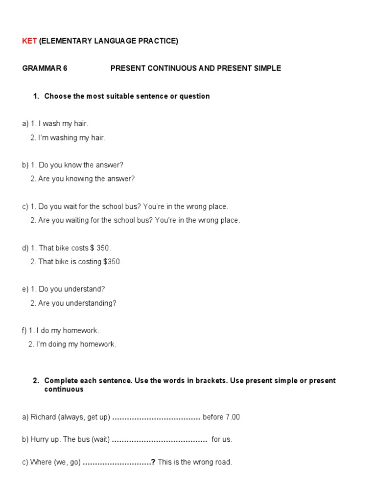 Grammar 6 Present Continuous and Present Simple Practice | PDF