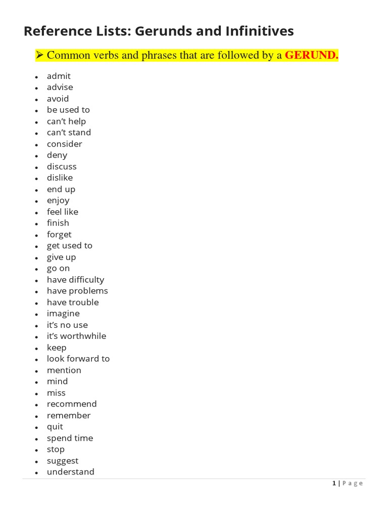 Gerunds and Infinitives Reference List | PDF