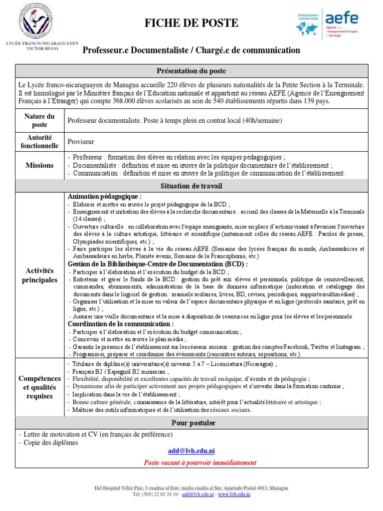 Fiche de poste : Professeur Documentaliste | PDF