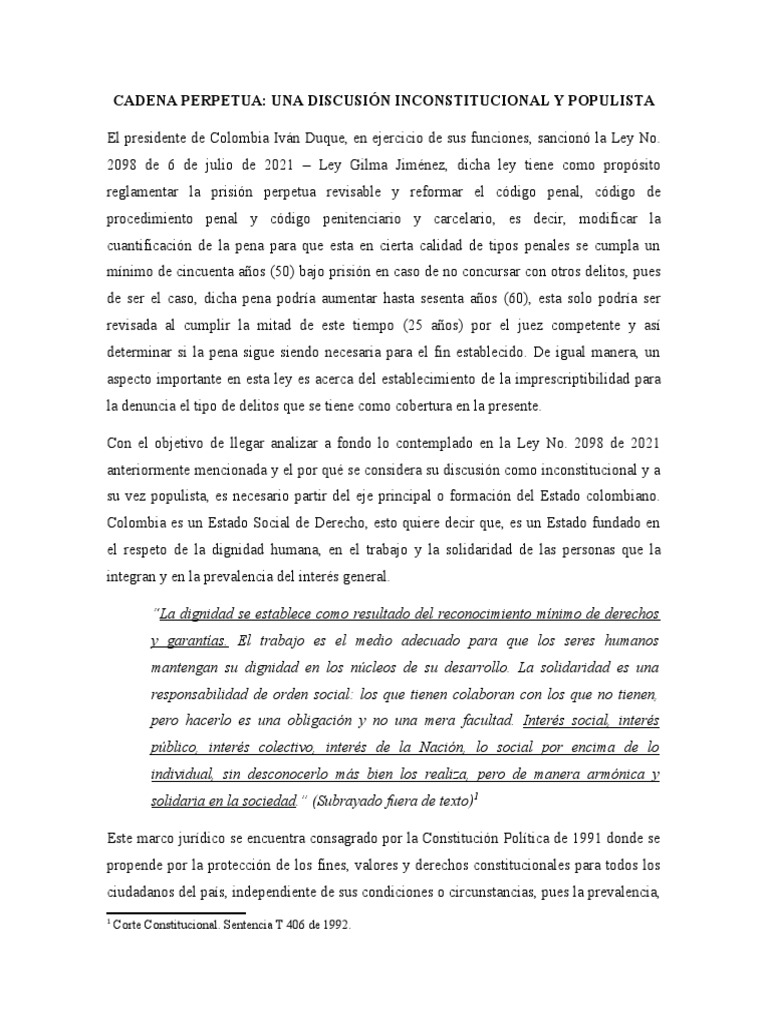 Cadena Perpetua en Colombia PDF Derecho Constitucional Castigos