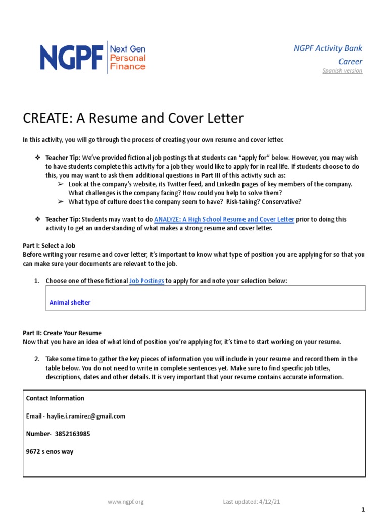 create a resume and cover letter ngpf