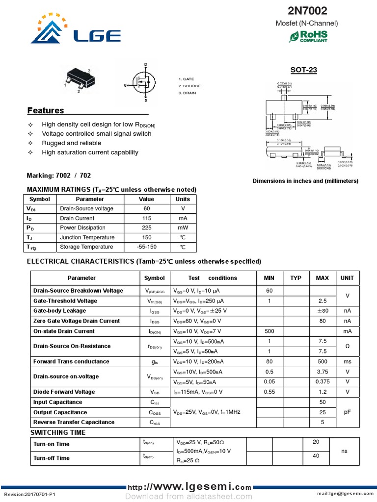 Datasheet 2N7002 | PDF | Field Effect Transistor | Mosfet