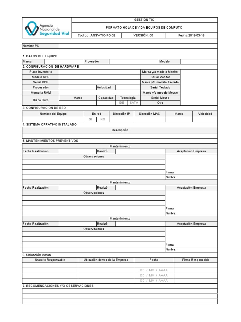 Formato Hoja de Vida de Equipos de Computo | PDF | Hardware de la ...