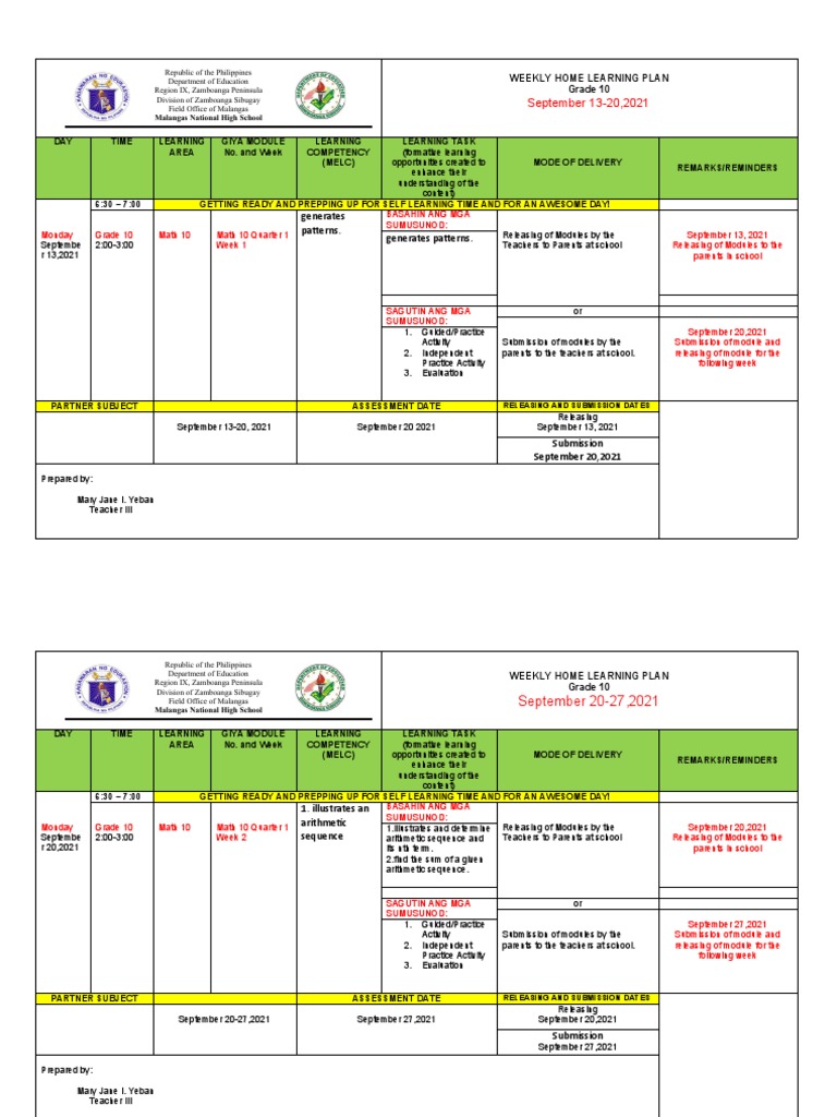 Weekly Learning Plan for Grade 10 Math | PDF | Mathematics ...