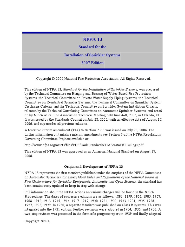 Nfpa 13: Standard For The Installation of Sprinkler Systems 2007 ...