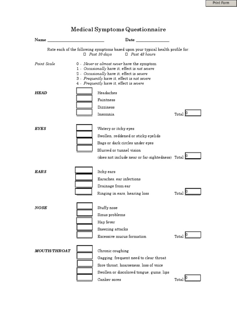 Medical Symptoms Questionnaire Form | PDF | Psychiatric Diagnosis ...