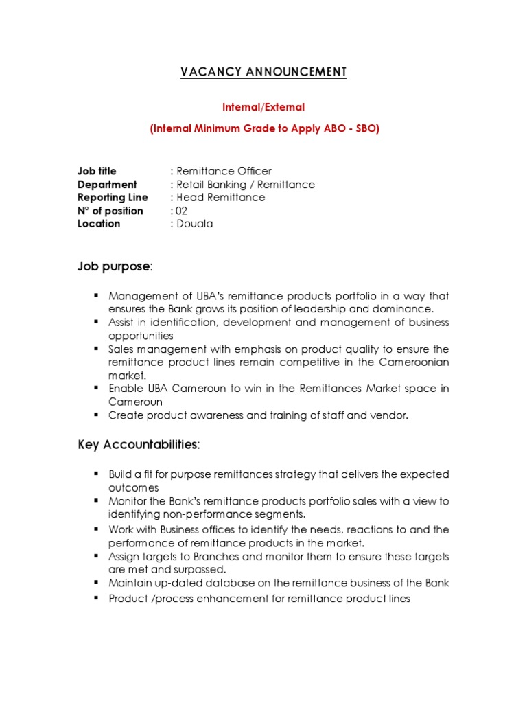 Remittance Officer Job Vacancy in Douala | PDF | Remittance | Sales