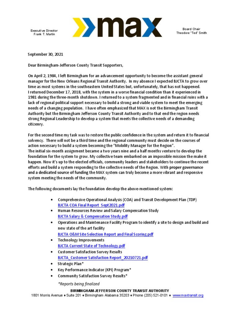 BJCTA CEO Frank T. Martin Exit Letter | PDF | Performance Indicator |  Employment