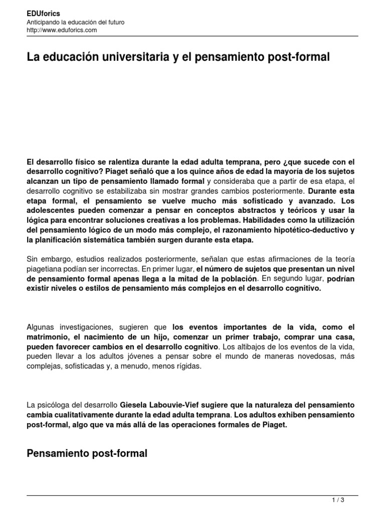 Desarrollo del Pensamiento Postformal | PDF | Adultos | Desarrollo ...