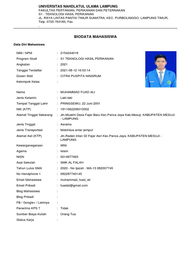 Biodata Mahasiswa Raden Raka | PDF