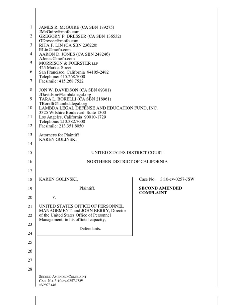 Golinski v opm second amended complaint pdf defense of marriage