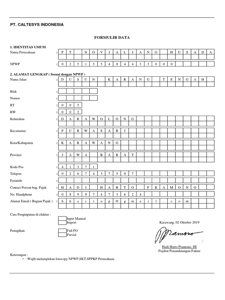 Pt Caltesys Indonesia Formulir Data Pdf