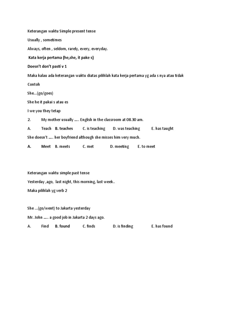 Keterangan Waktu Simple Present Tense Kisi Kisi US PDF Language Mechanics Grammar