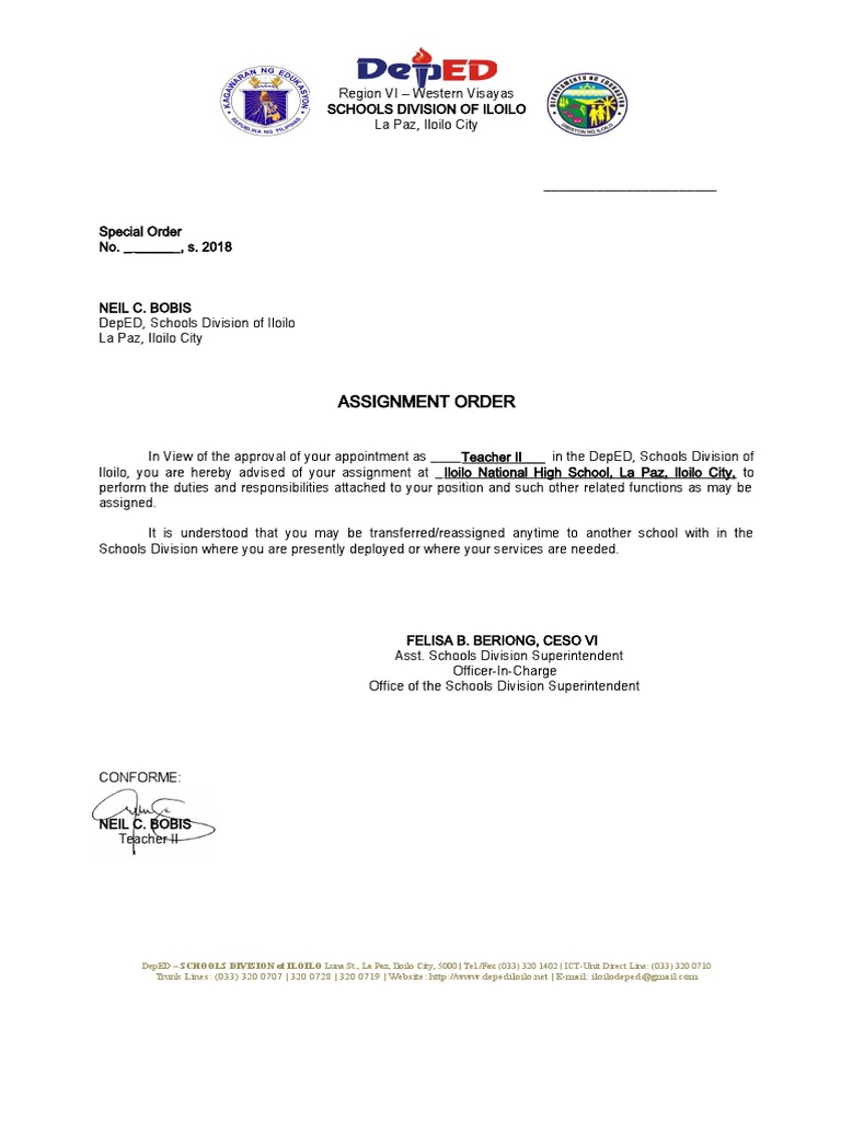 Assignment Order for Neil C. Bobis as Teacher II at Iloilo National ...