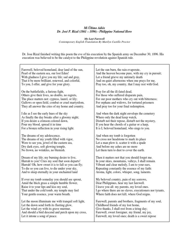 Describe The Meaning Of My Last Farewell By Jose Rizal