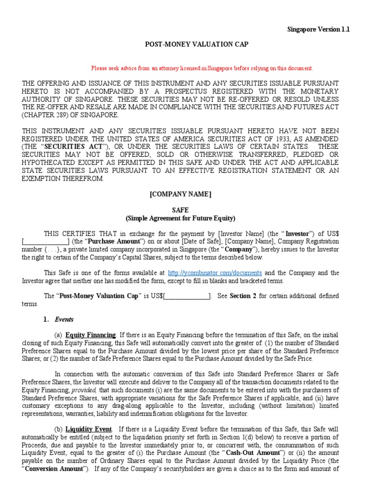 Postmoney Safe Valuation Cap Only v1.1 (Singapore) PDF Securities
