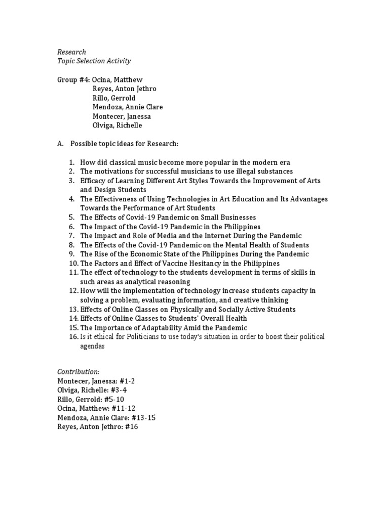 Research Topic Selection Activity | PDF | Politics | Social Science
