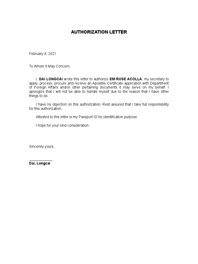 Authorization Letter for DFA Apostille | PDF | Law