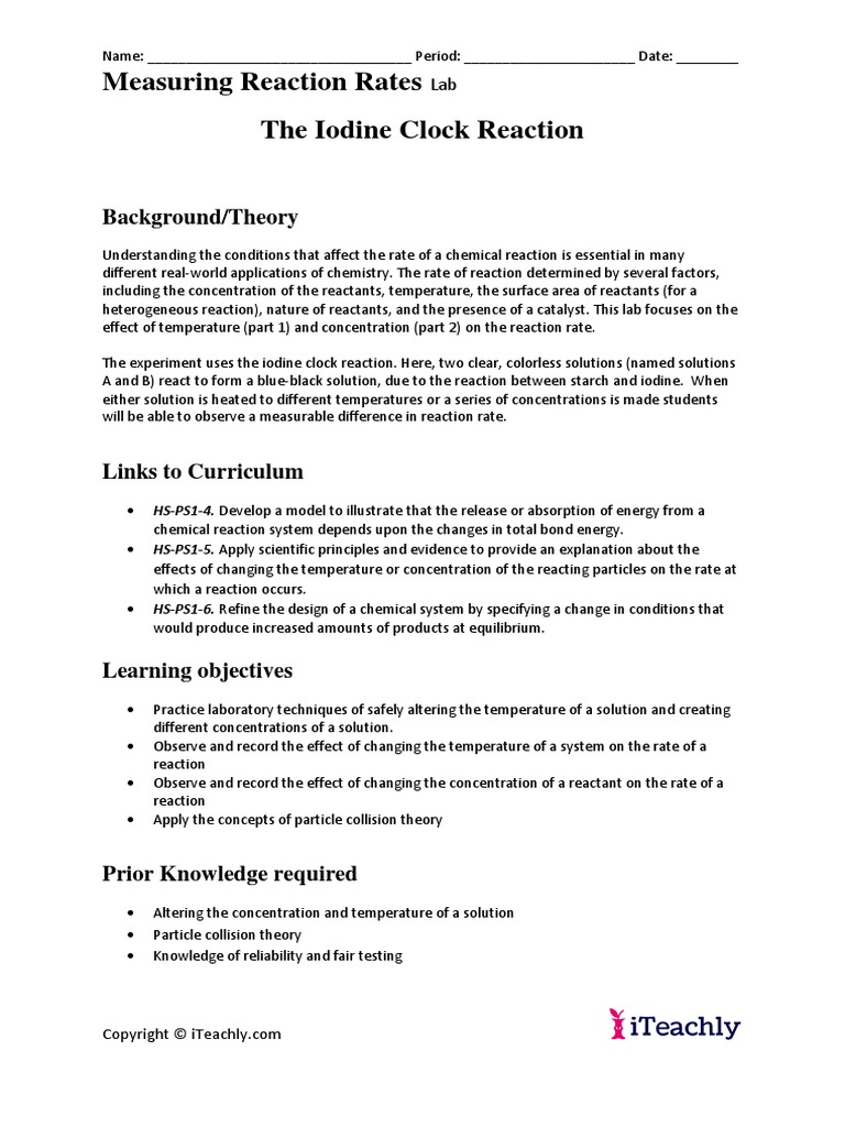 6 3 The Iodine Clock Reaction Lab PDF Reaction Rate Chemical