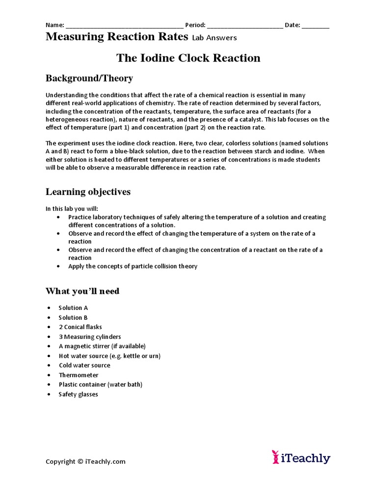 6 3 The Iodine Clock Reaction Lab Answers PDF Reaction Rate