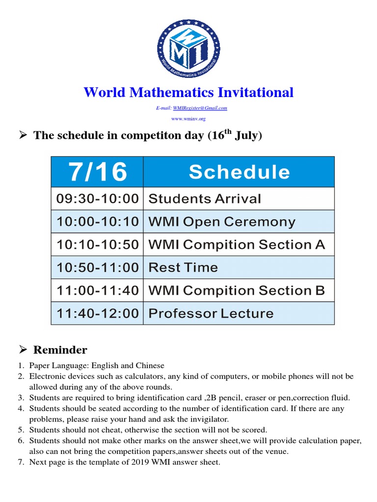 Schedule of 2019 WMI Competition Day | PDF