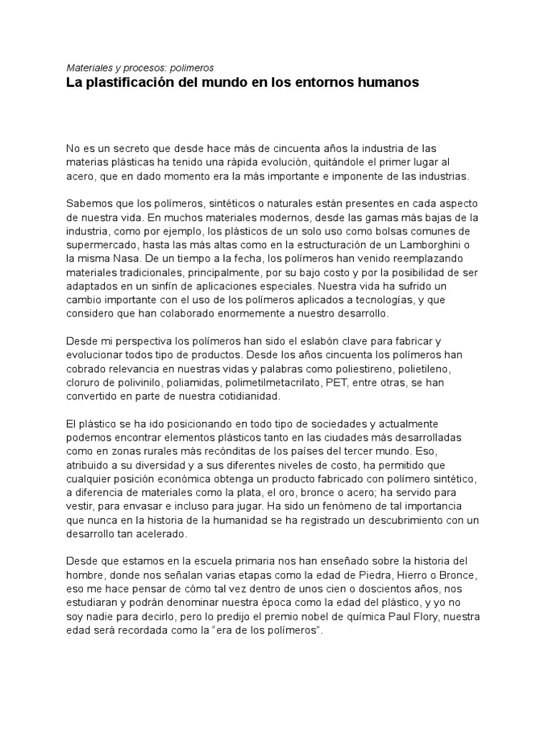 Impacto de los polímeros en la vida diaria | PDF | El plastico | Polímeros
