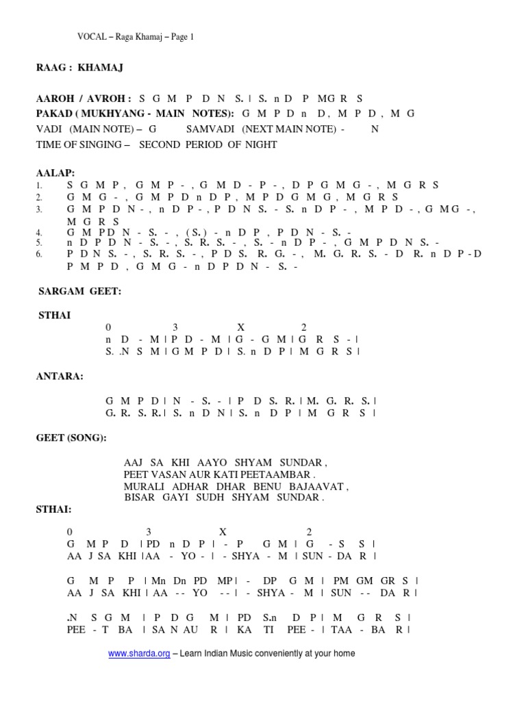 Raga Khamaj Vocal Notation Guide | PDF | Classical And Art Music Traditions