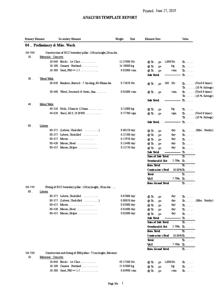 Analysis Template - BWDB Updated | PDF | Cement | Masonry