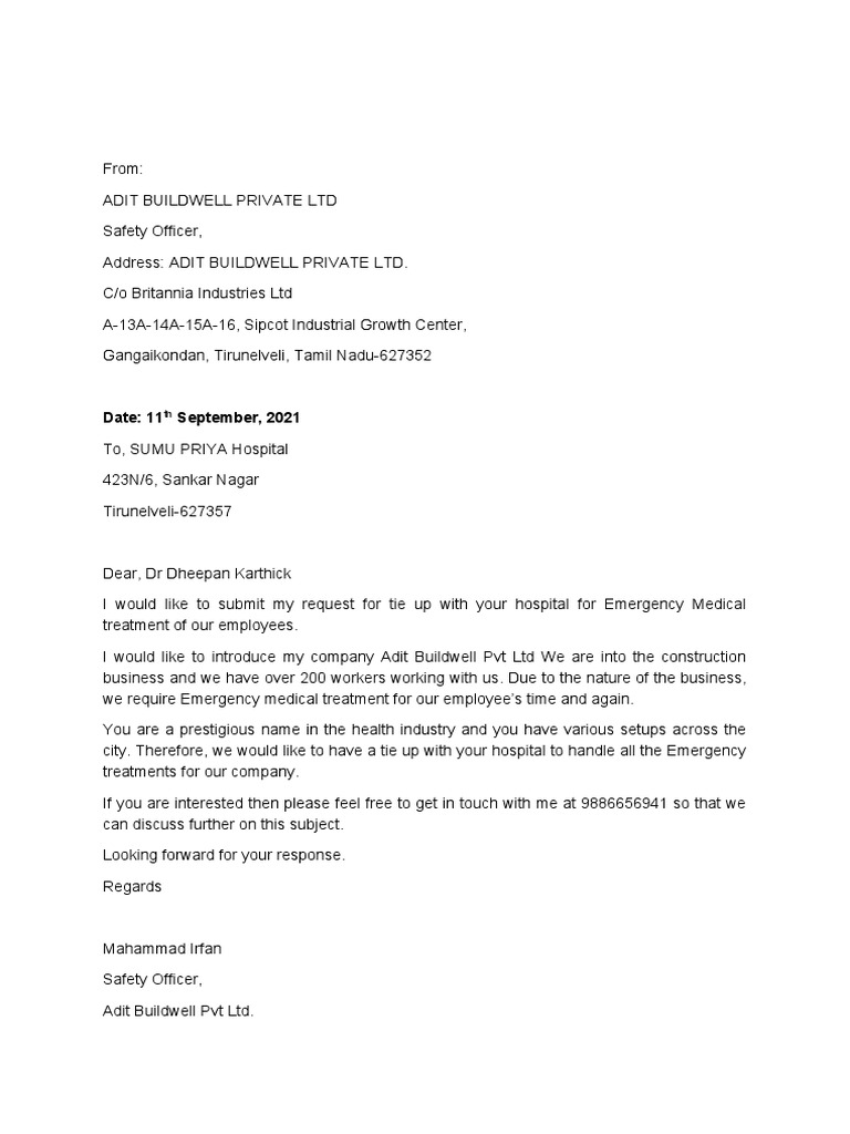 Hospital Tie Up Letter PDF