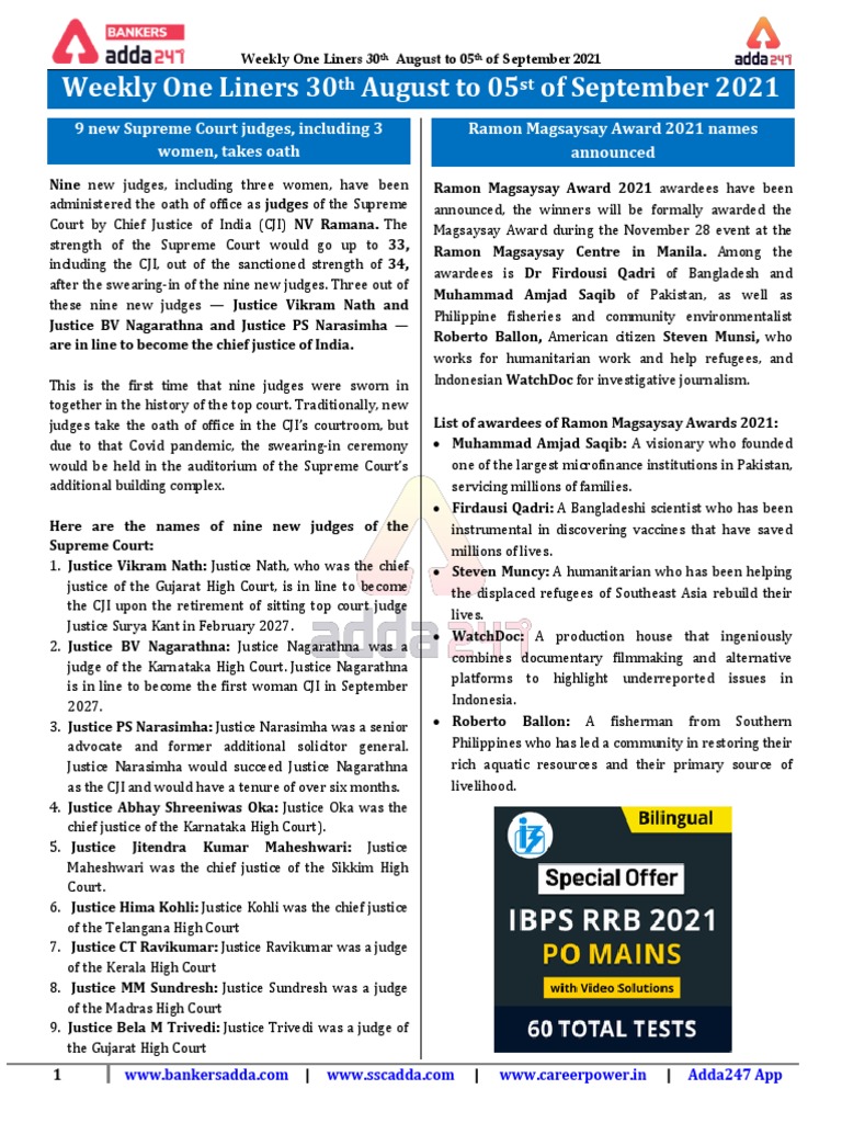 Weekly One Liners 30th August To 5th Of September 21 Pdf