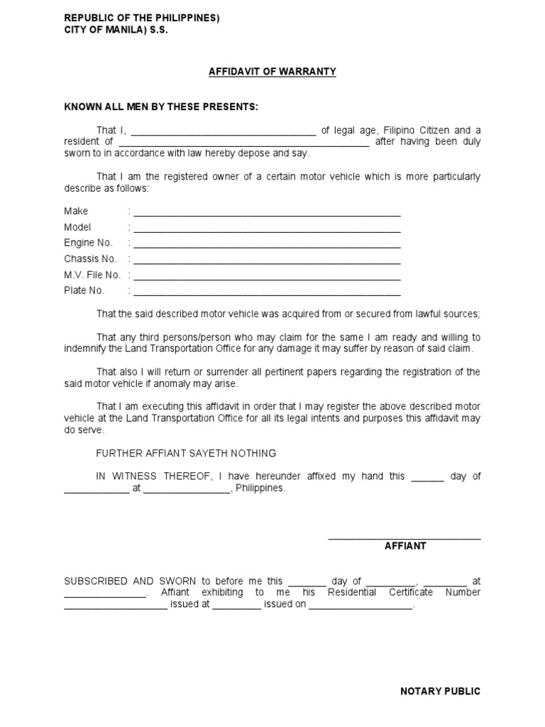 Affidavit of Warranty PDF