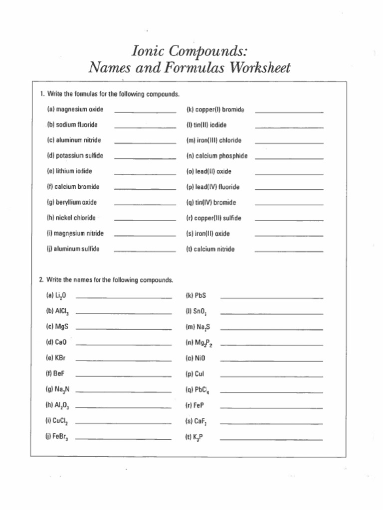 Ionic Compound Formula Writing Worksheet PDF
