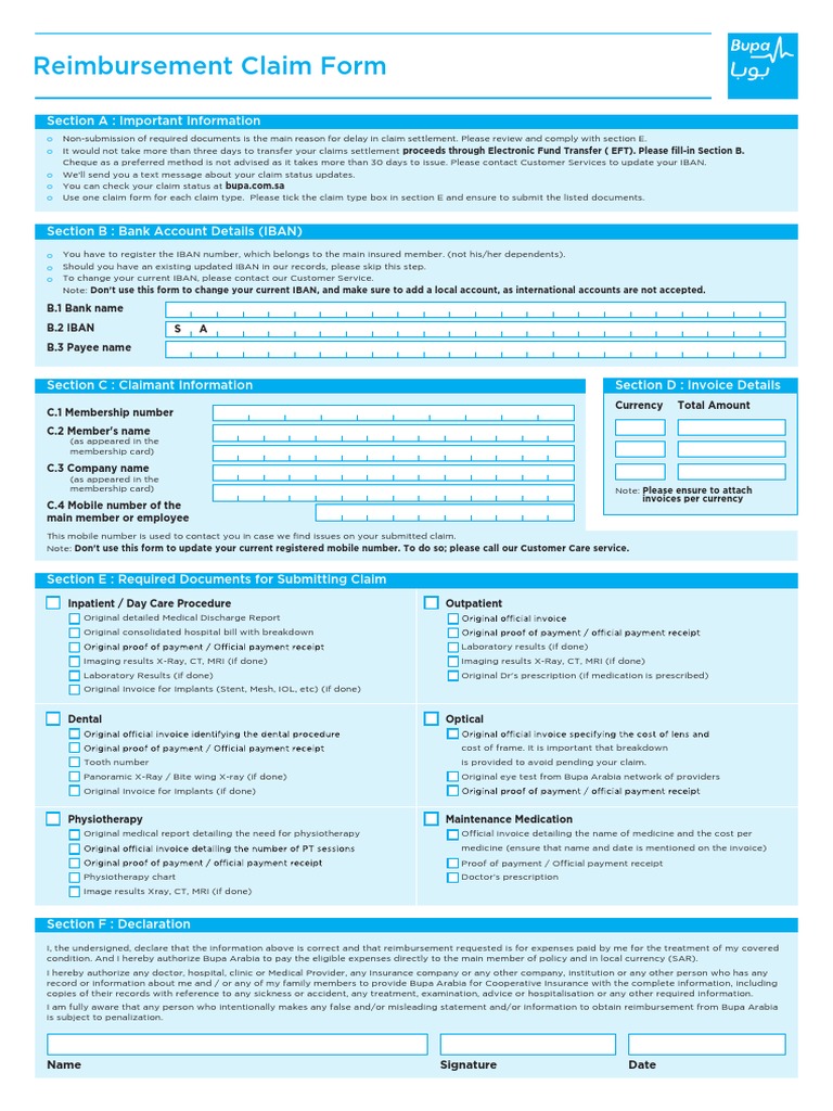 Bupa Arabia Claim Form (20190123) PDF Cheque Health Care