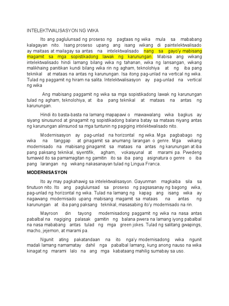 Intelektwalisasyon NG Wika | PDF