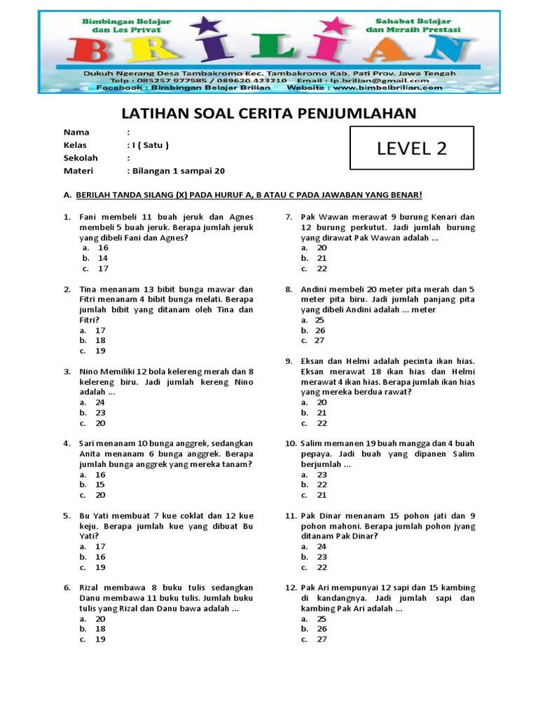 Soal Cerita Penjumlahan Kelas 1 Sd Level 2 Bilangan 1 20 Pdf