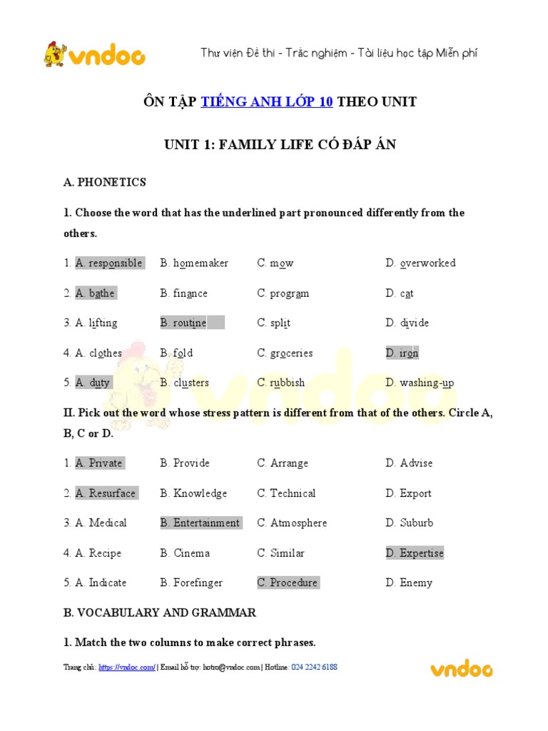 On Tap Tieng Anh Lop 10 Unit 1 Family Life | PDF | Marriage | Housewife