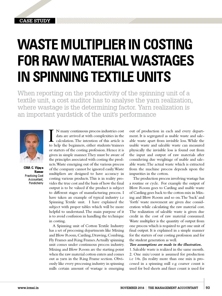 Waste Multiplier in Costing For Raw PDF Spinning (Textiles) Yarn