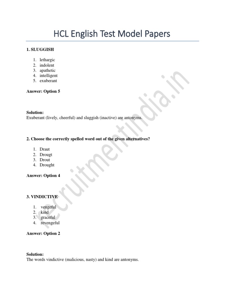 HCL English Test Model Papers | PDF