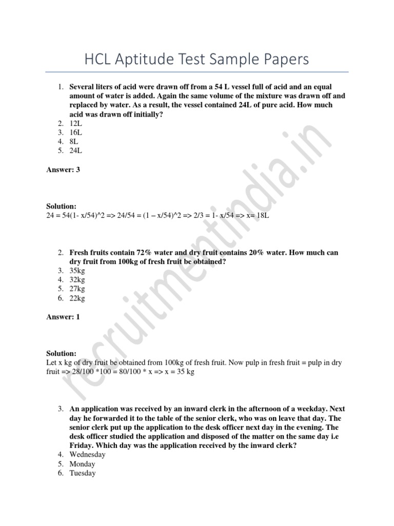 HCL Aptitude Test Sample Papers | PDF