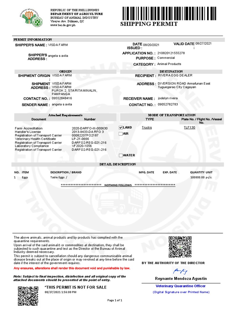 Shipping Permit: Valid Date: Date Issued: Shipper'S Name: Shipper'S ...