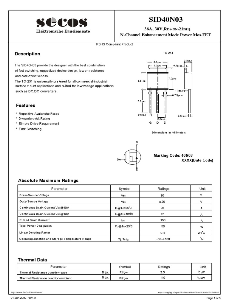 SID40N03 N-Channel Power MOSFET Specs | PDF | Field Effect Transistor ...