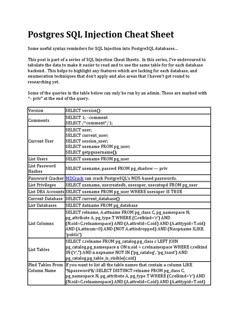 Postgres SQL Injection Cheat Sheet | PDF | Postgre Sql | Databases