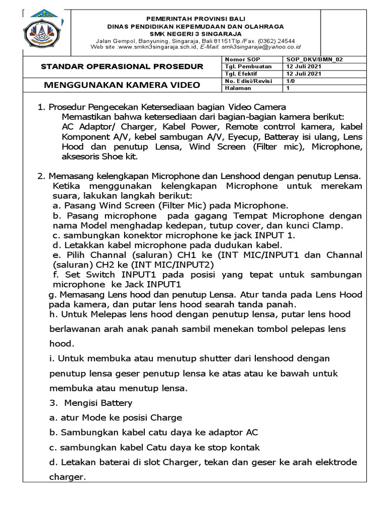 SOP Penggunaan Kamera Video | PDF