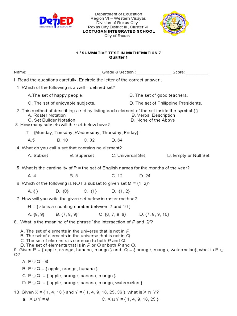 1st Quarter Math 7 Summative Test | PDF | Numbers | Rubric (Academic)